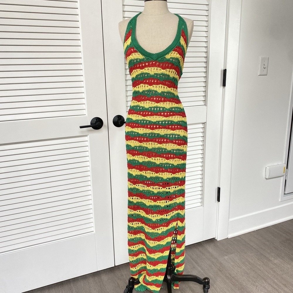 Fashion Nova Bella Crochet Maxi Dress Swim Coverup Red Yellow Green Large NWT